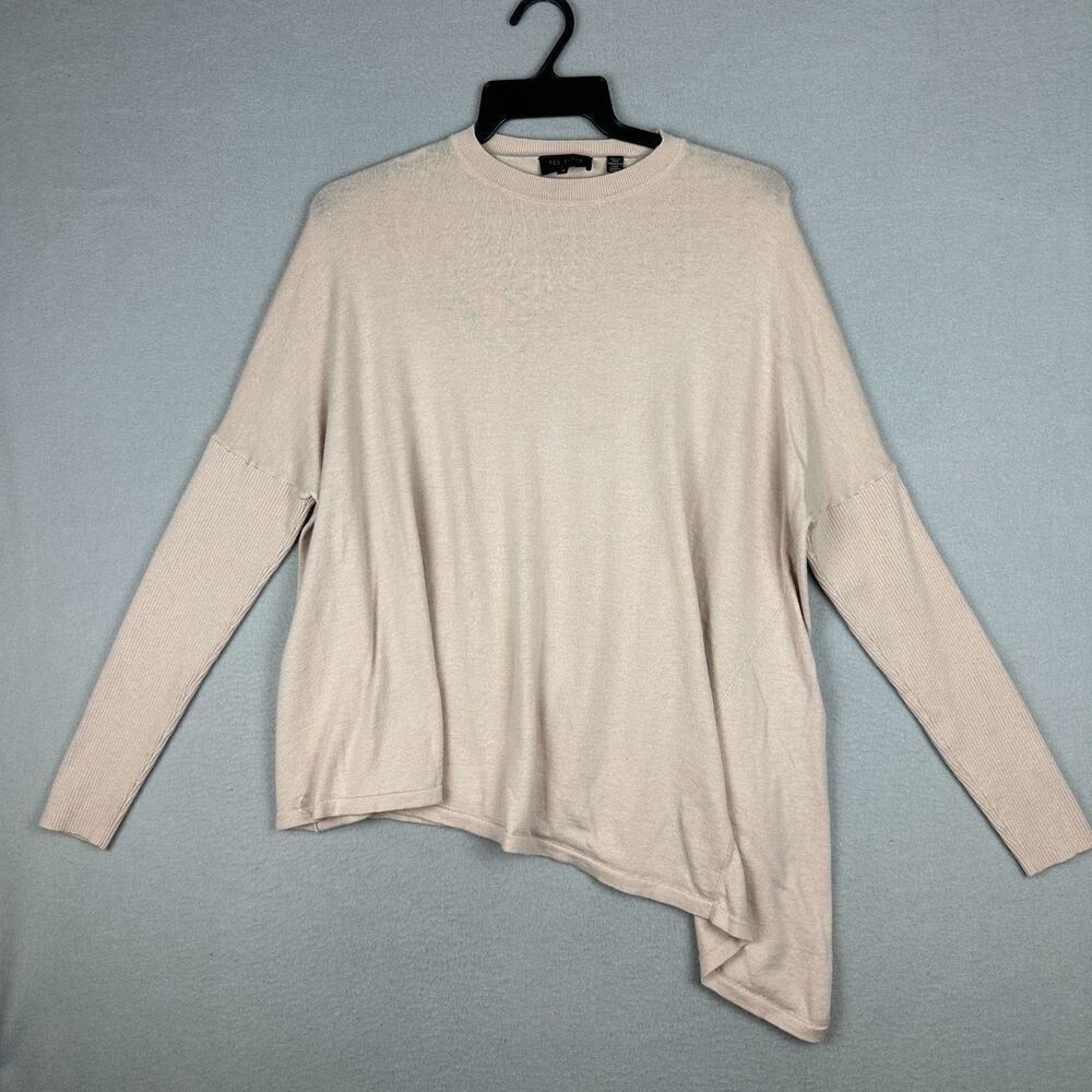 Ted Baker Womens 4 Fraisie Wool Cashmere Knit Top Beige Long Sleeve Asymmetrical